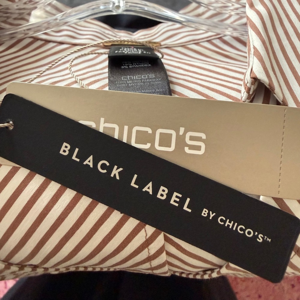 NWT Chico's Black Label Stripe Peplum Top Neutral Brown White Wrap Blouse Size 1 - Picture 5 of 7